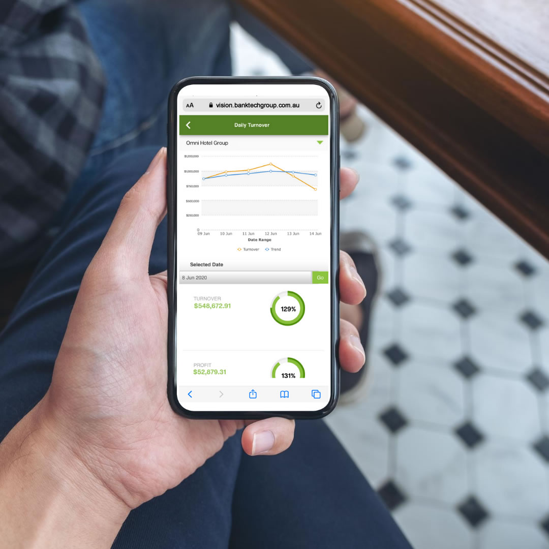 Omni VISION daily turnover report displayed on a mobile phone